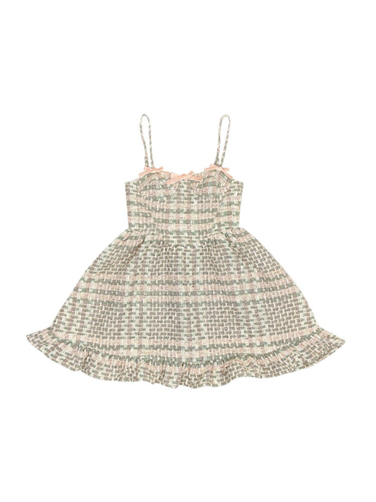 Tweed Plaid High-Waist Cute Frill ONE-PIECE