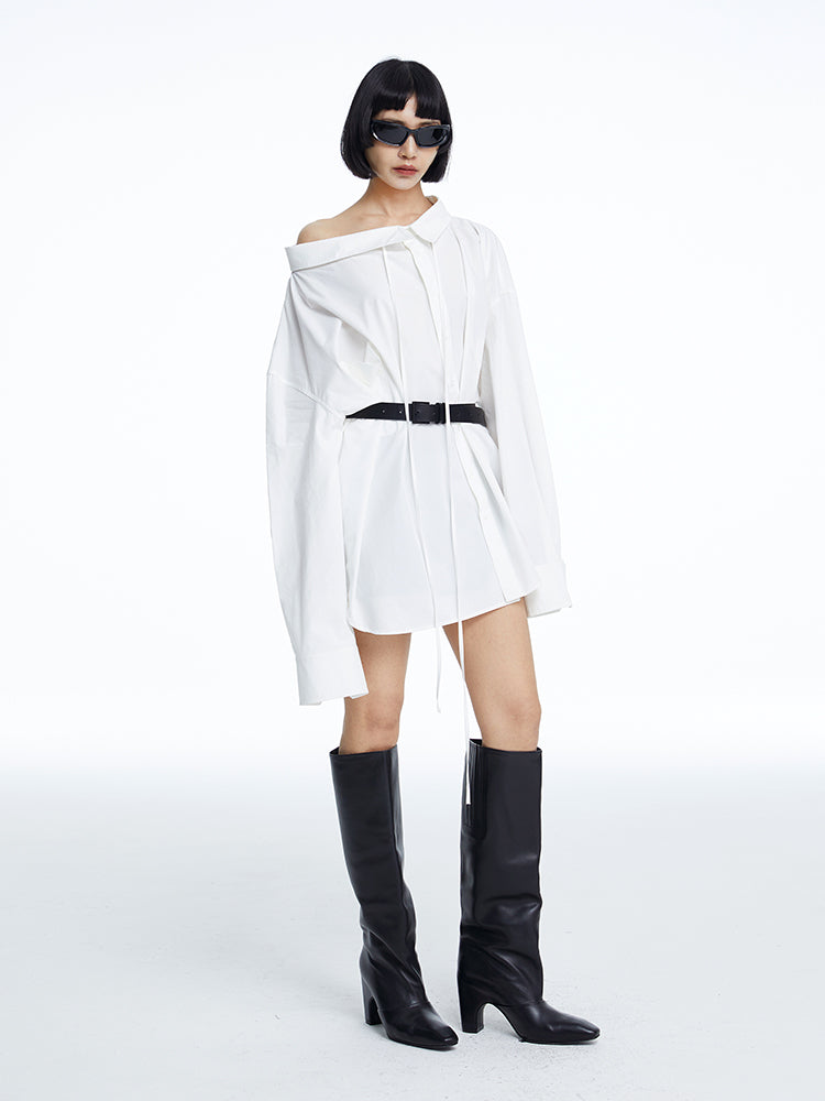 High-neck Oversize Nichi-collar Drawstring Blouse