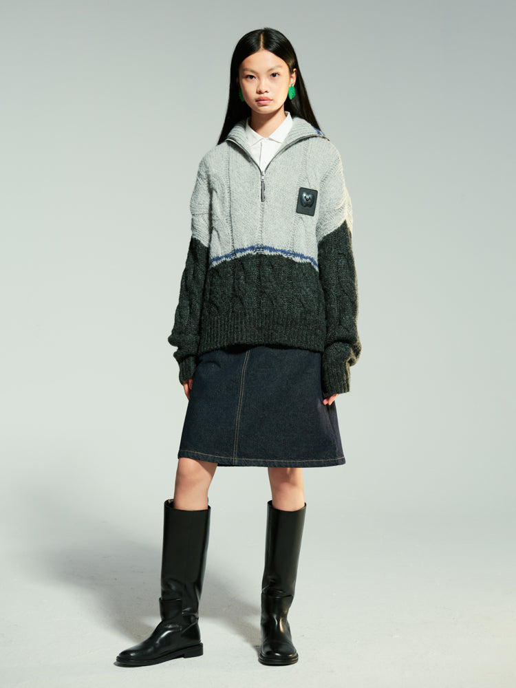 Bi-Color Zip Loose Cable-Knit