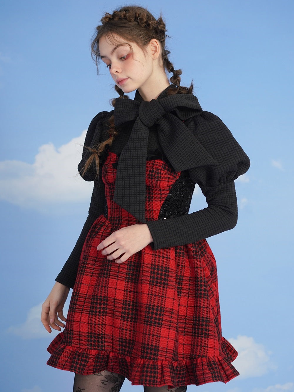 Girly Plaid High-Waist Frill One-pièce