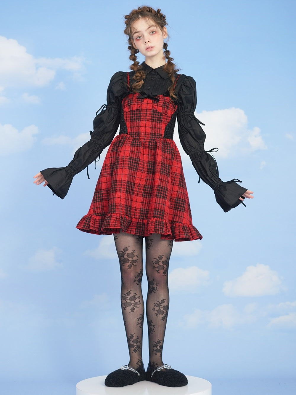 Girly Plaid High-waist Frill One-piece