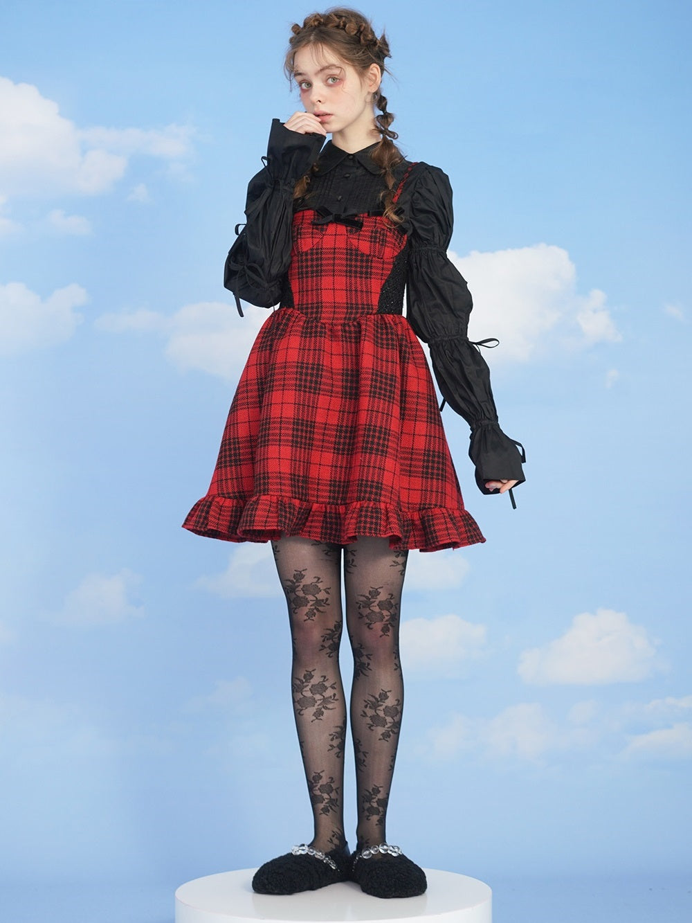 Girly Plaid High-waist Frill One-piece