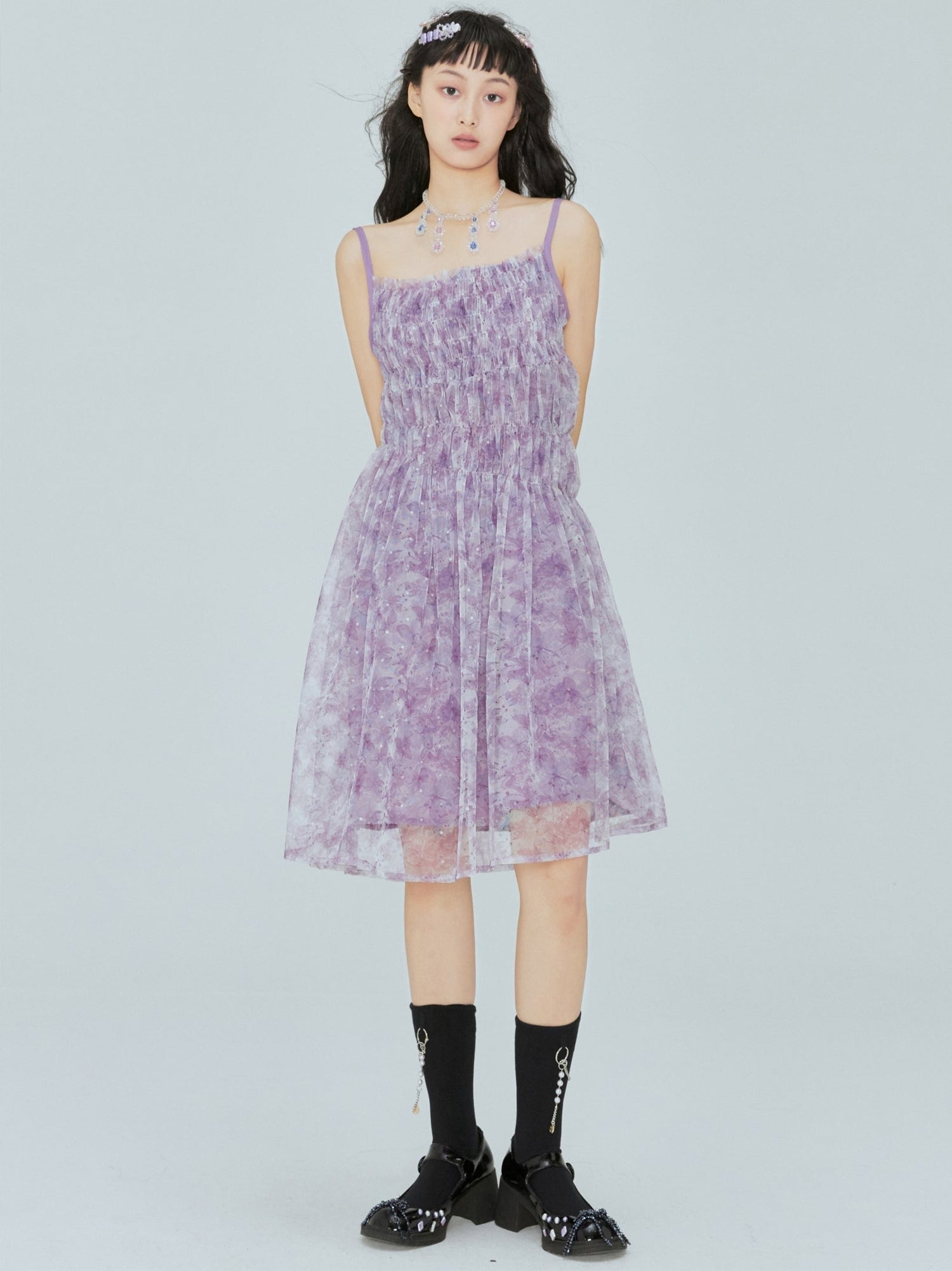 Pleated Floral Suspender Dress