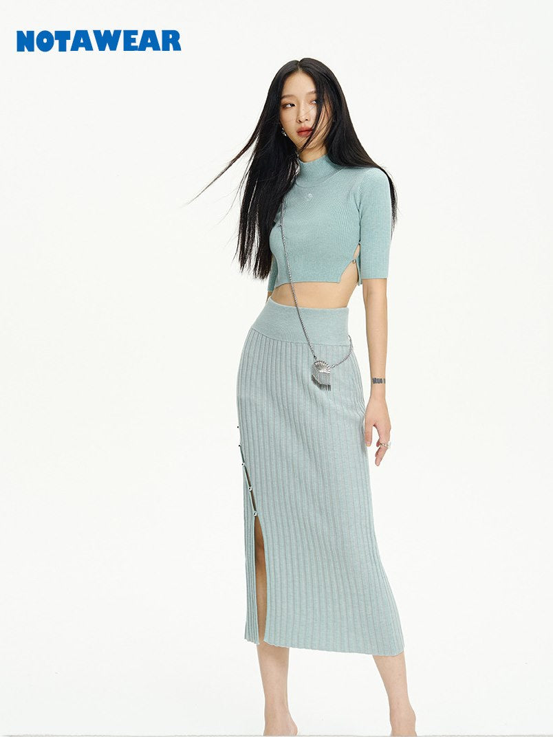 Knit Tight Cropped High-Neck Long Tops &amp; Skirt