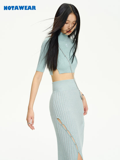 Knit Tight Cropped High-Neck Long Tops &amp; Skirt