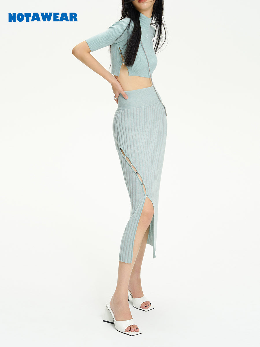 Knit Tight Cropped High-Neck Long Tops &amp; Skirt