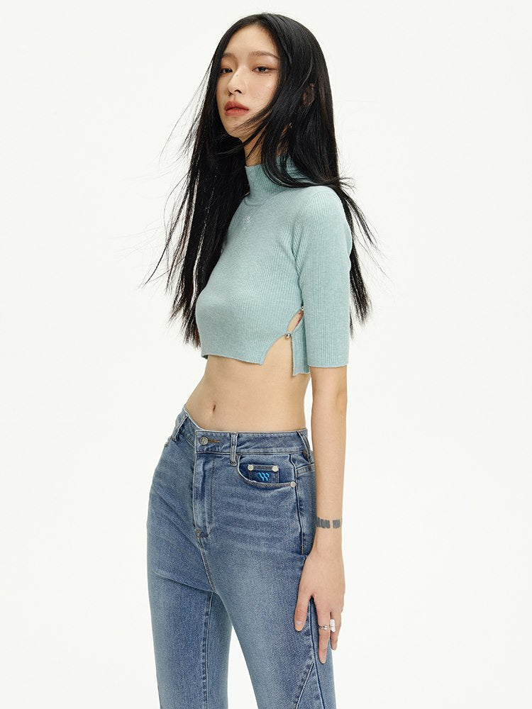 Knit Tight Cropped High-Neck Long Tops &amp; Skirt