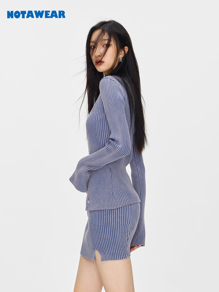 Rib-Knit Tight Sexy Casual Tops &amp; Skirt