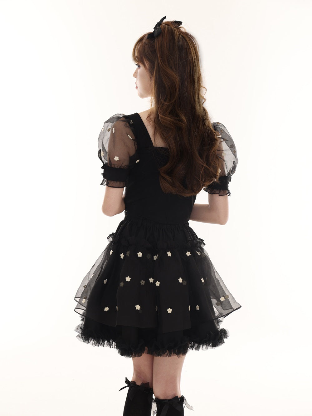 Fairy See-Throoth Puff-Sleeves Flower Lace Blouse Skirt