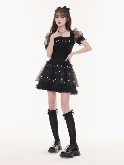 Fairy See-Throoth Puff-Sleeves Flower Lace Blouse Skirt