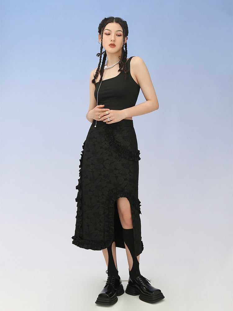 Flower Embroidery Frill Niche IRREGULAR SKIRT