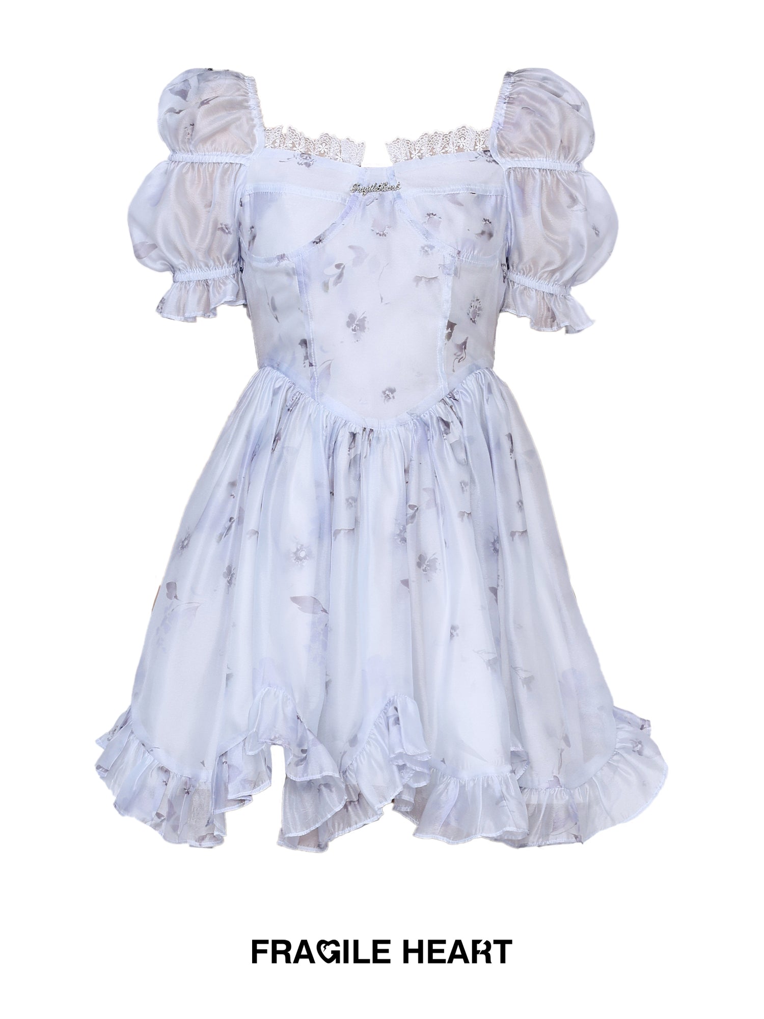 Lace Frill Sheer Princess Balloon-Sleeve ONE-PIECE