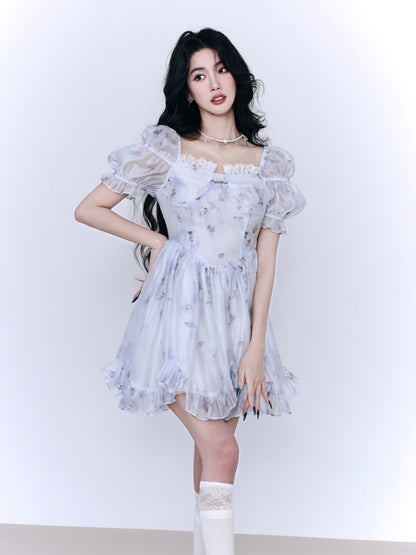 Lace Frill Sheer Princess Balloon-sleeve One-piece