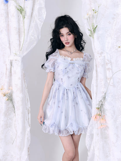 Lace Frill Sheer Princess Balloon-sleeve One-piece