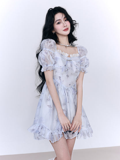 Lace Frill Sheer Princess Balloon-sleeve One-piece