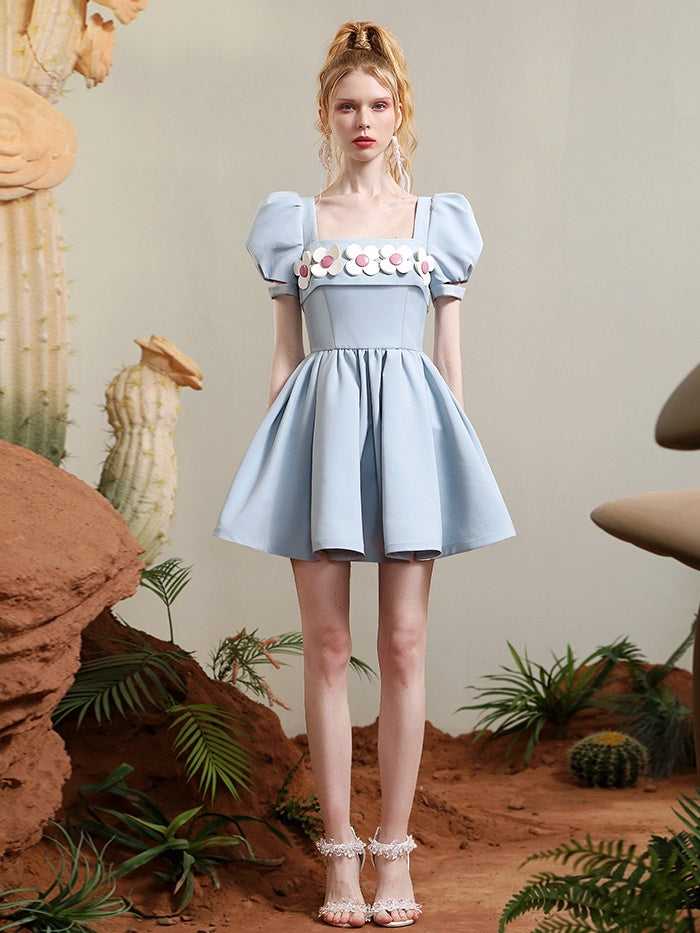 retro puff sleeve dress Red Puff Sleeve Fit-and-Flare Dress with Lace Trim Retro Summer Romance