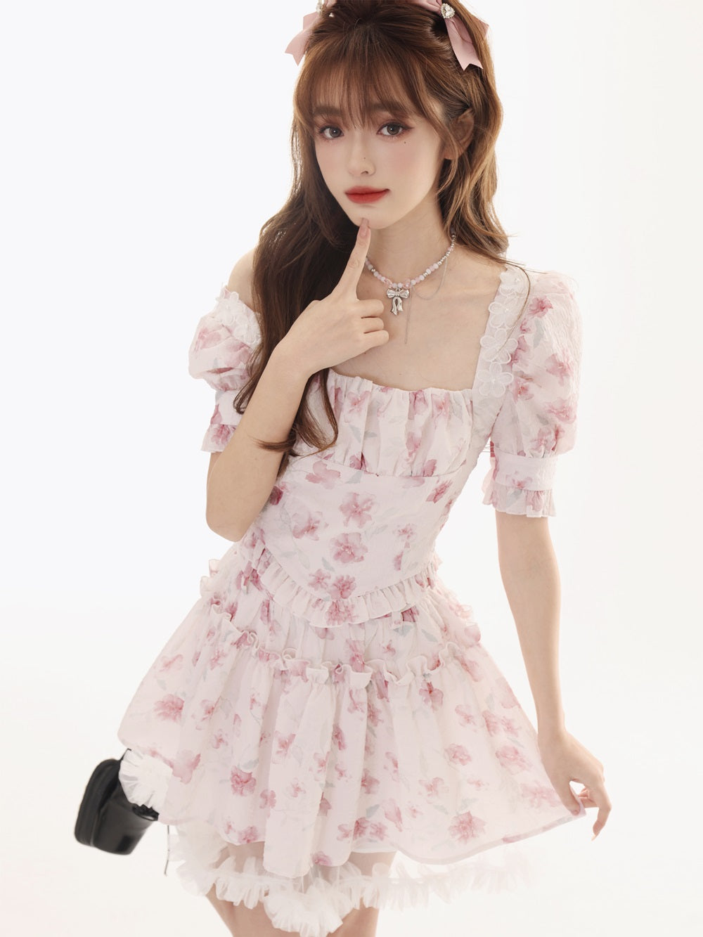 Fluffy Flower Rose Retro Lace Frill Blouse Skirt