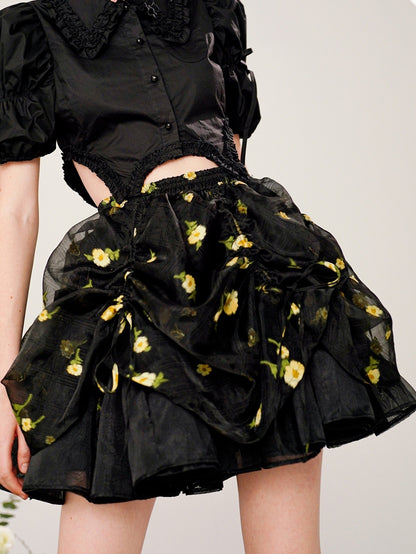 Tutu Floral Drawstring 불규칙한 퍼프 스커트