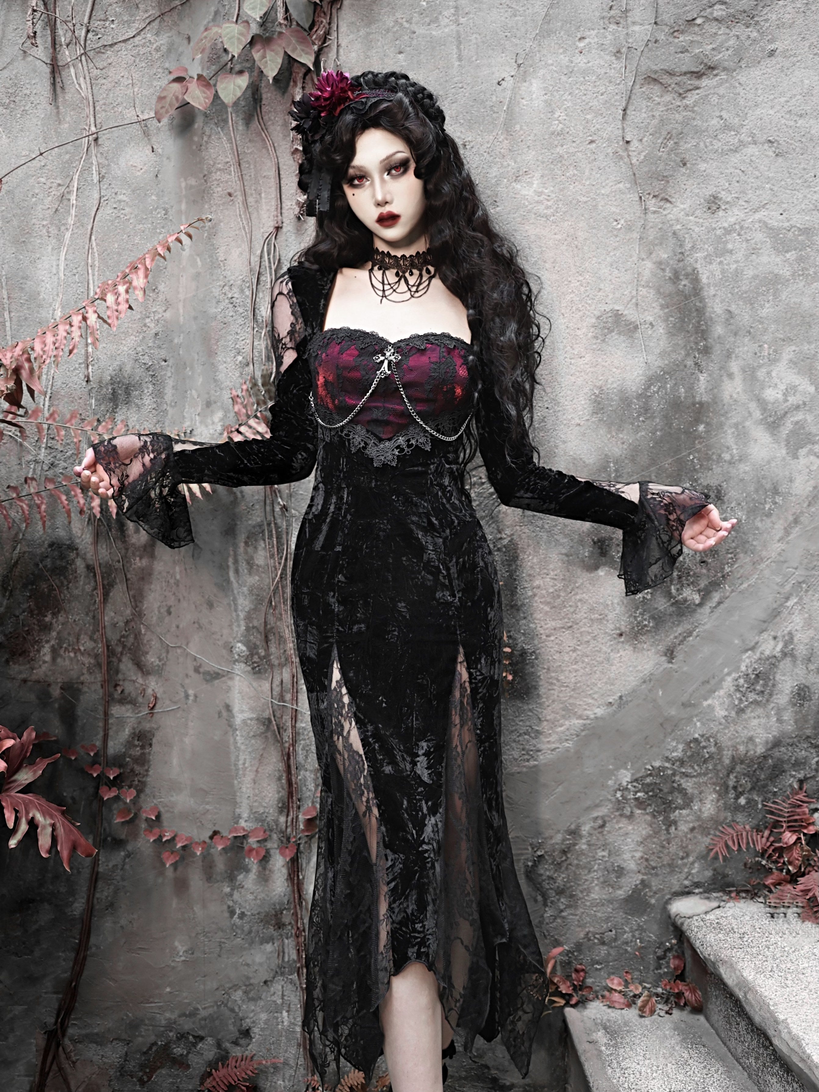 Gothic Velvet Lace Cosplay einteiliges Kleid