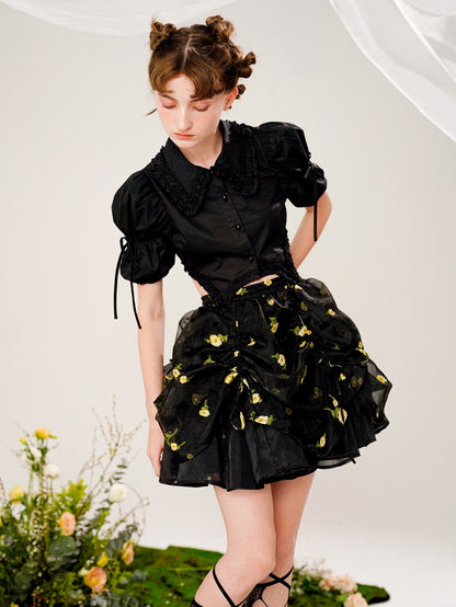 Tutu Floral Drawstring Irregular Puff Skirt