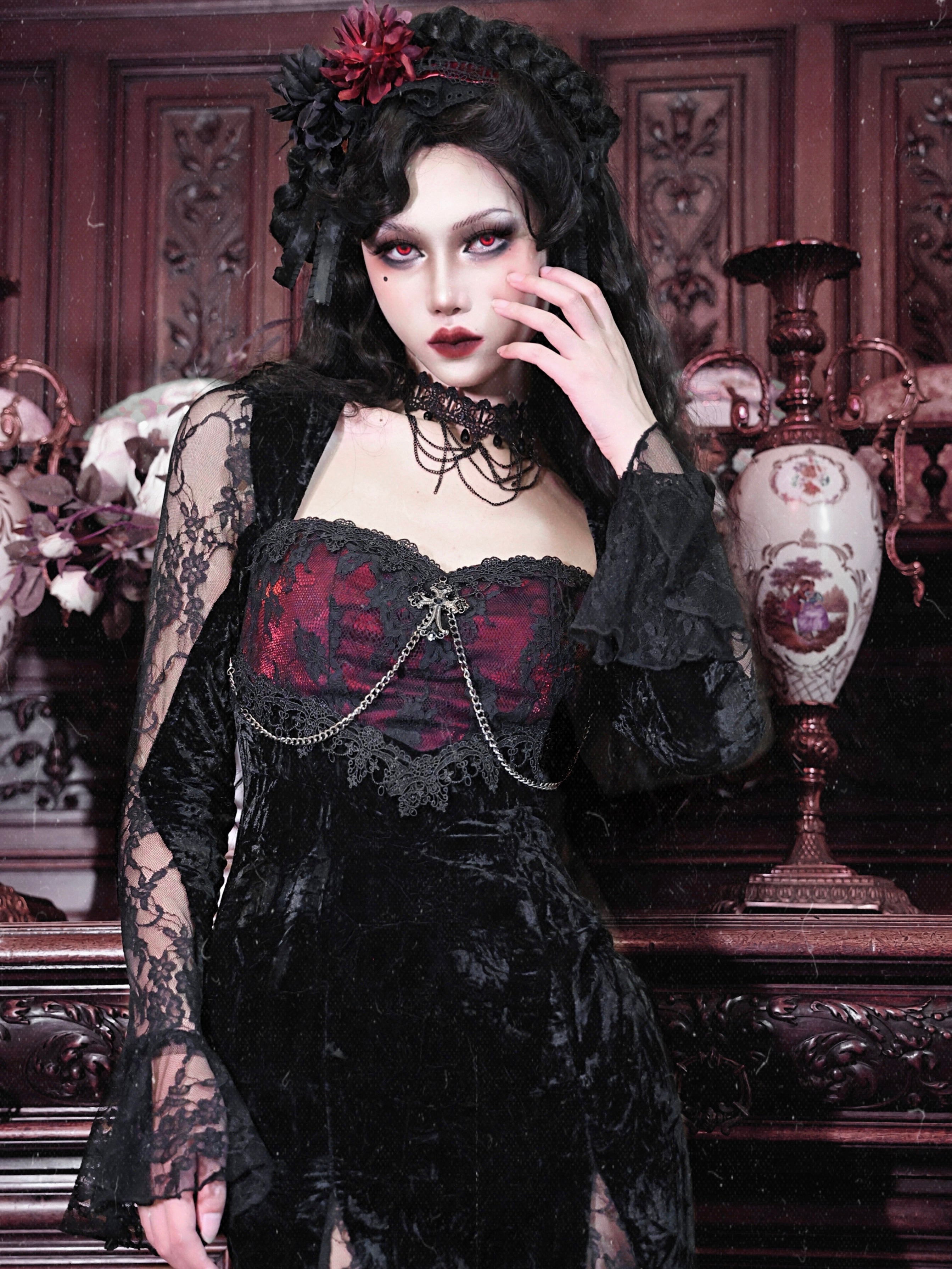 Gothic Velvet Lace Cosplay einteiliges Kleid