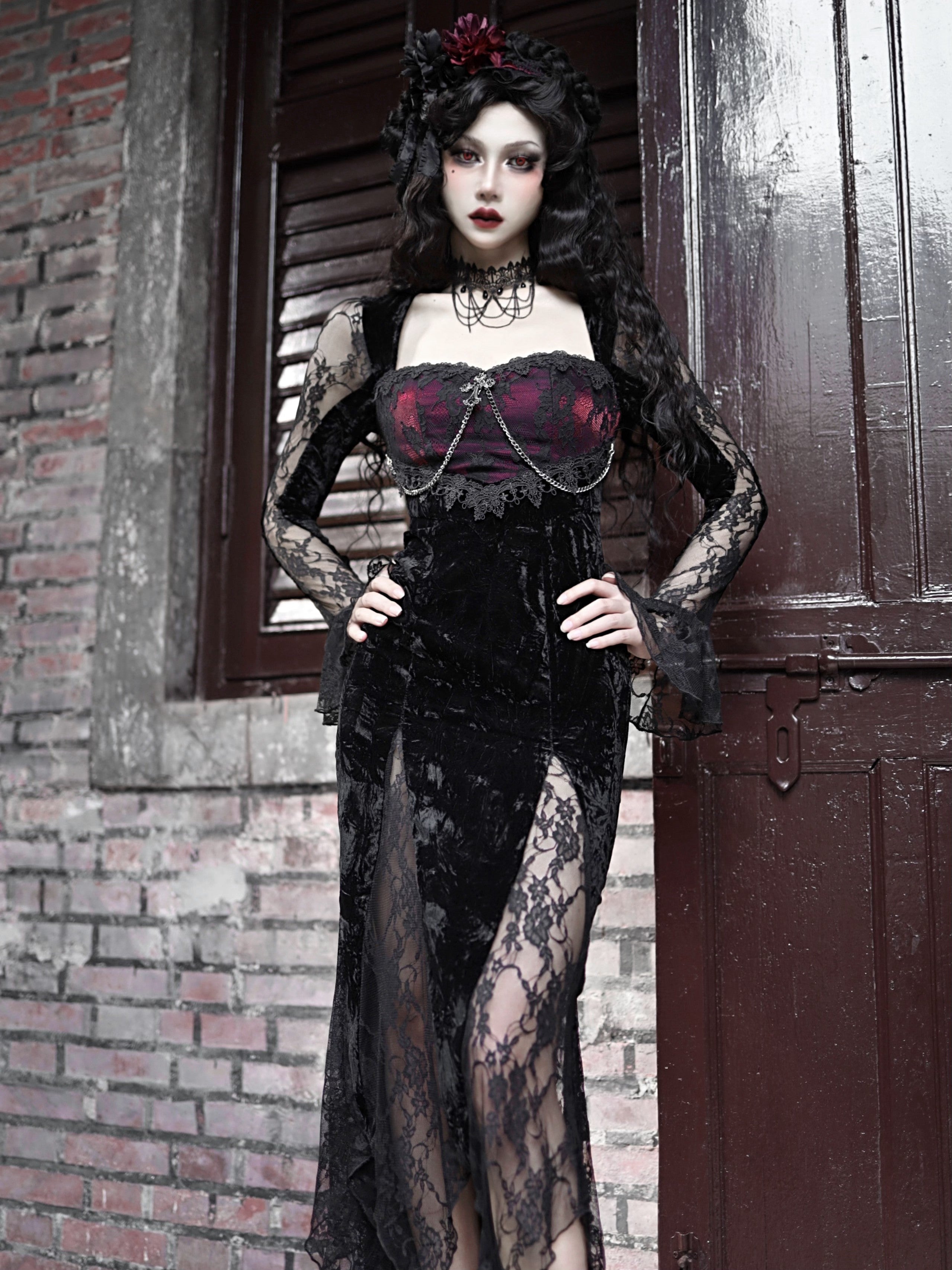 Gothic Velvet Lace Cosplay einteiliges Kleid