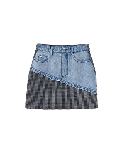 Washed Denim Paneled Skirt