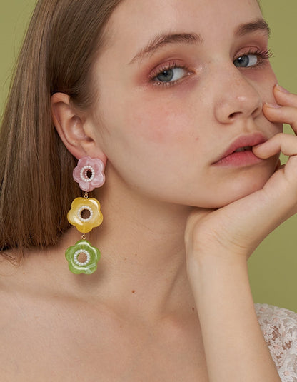 Three-color Blooming Flower Long Earrings