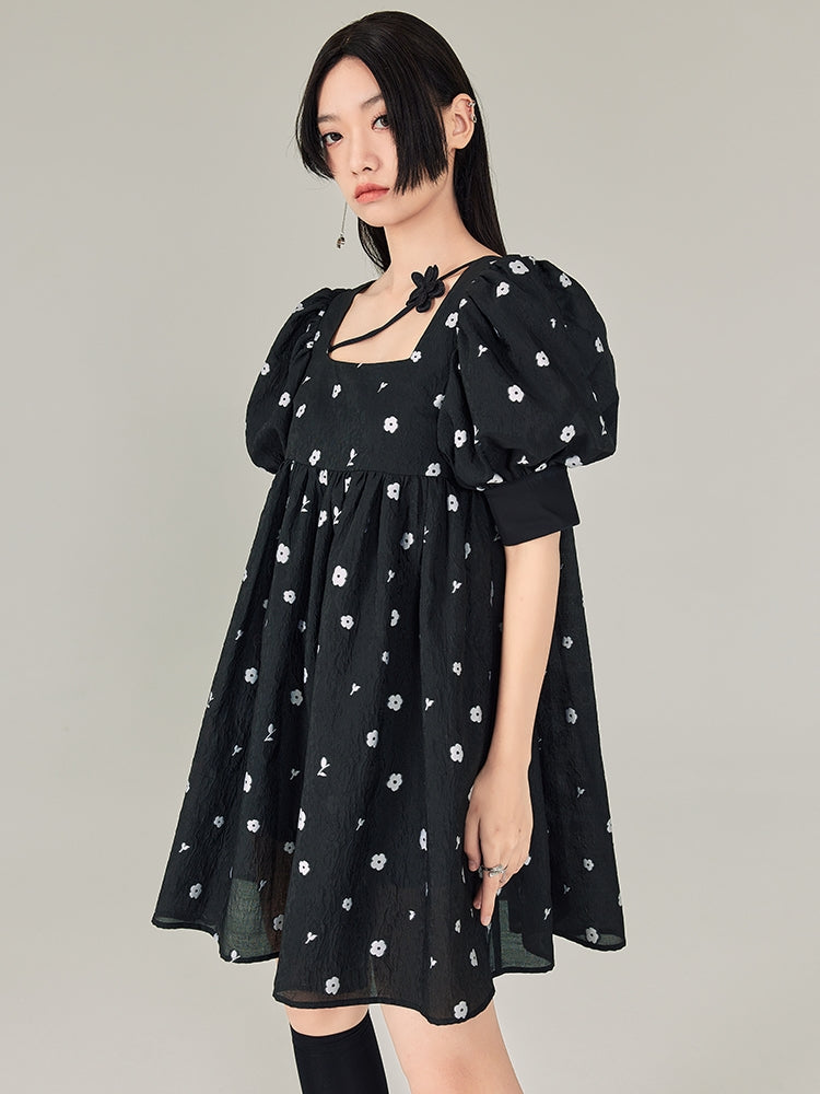 PUFF-SLEEVE FLOWER SQUARE-NECK WRINKLED ONE-PIECE