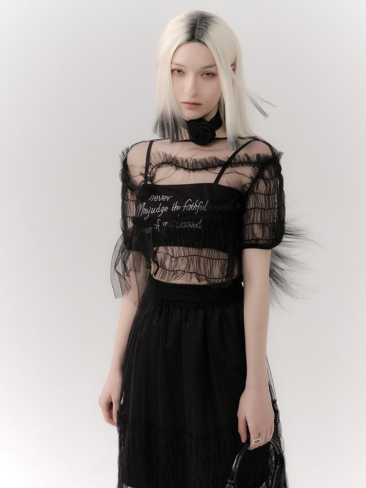 See-Through Gather Lace Mesh Blouse
