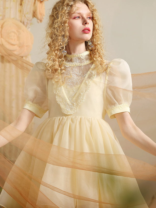 Heart Back-open Puff-sleeve See-through Lace Dress