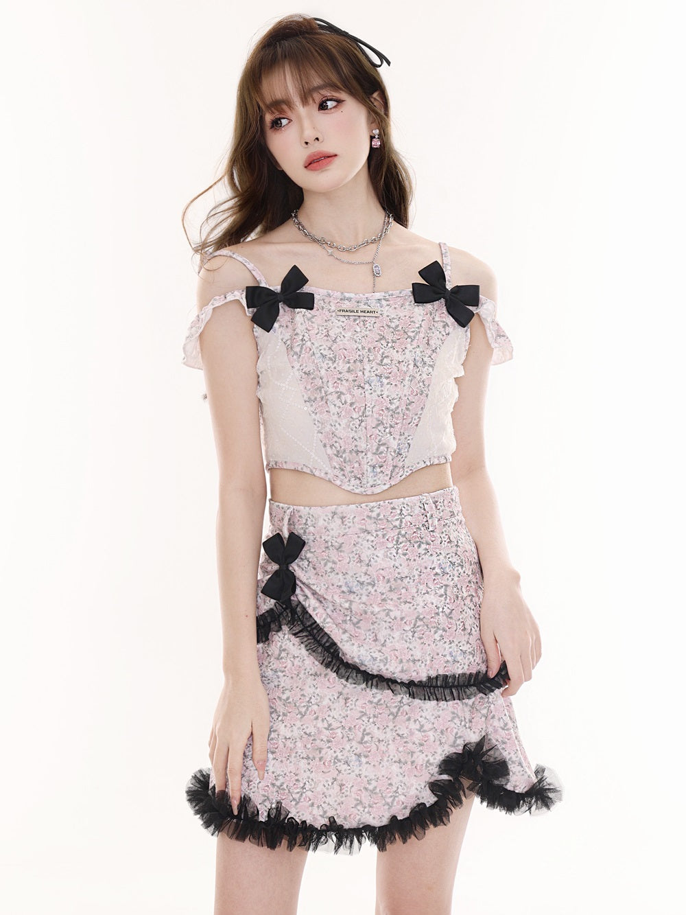 Ribbon Flower Cute Sweet Lace Blouse Skirt