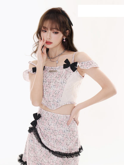 Ribbon Flower Cute Sweet Lace Blouse Skirt