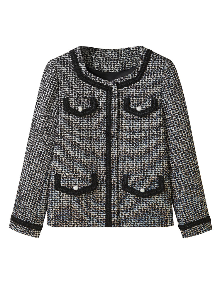 Veste de veste sans col mature formelle et élégante en tweed