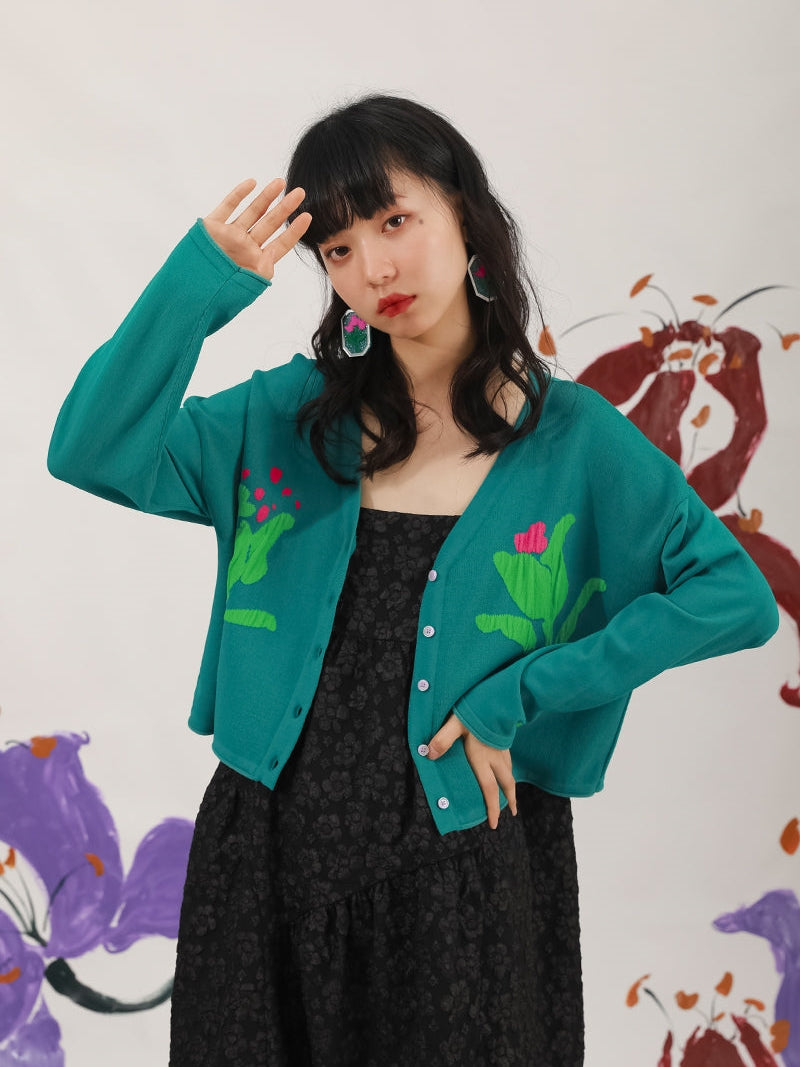 Tulip Pattern Jacquard Tricot Cardigan