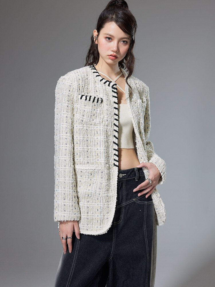 Formal No-collar Tweed Jacket