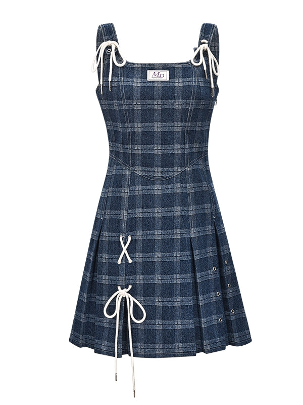 Retro Strap Denim Plaid Skirt