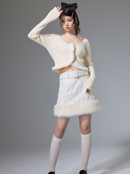 Short Fur Tweed Knit＆Skirt Set-up