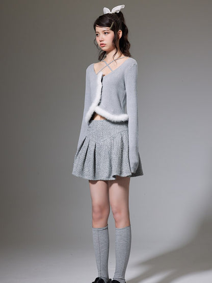 Short Fur Tweed Knit＆Skirt Set-up