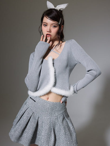 Short Fur Tweed Knit＆Skirt Set-up