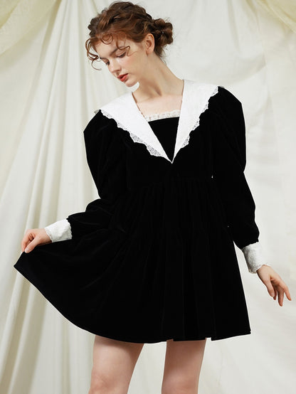 Velvet Lace Puff-Sleeves ONE-PIECE