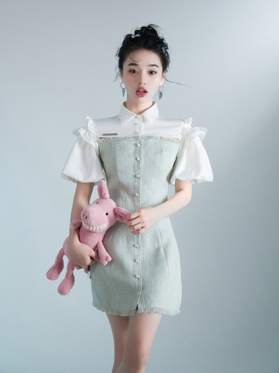 Puff-sleeve Frill Tweed One-piece - OAKMOO – ARCANA ARCHIVE