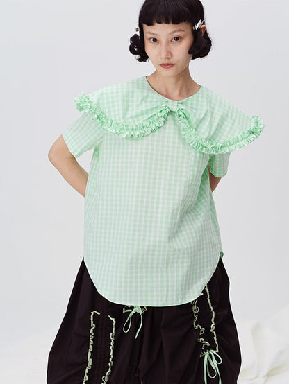 Plaid Doll Collar Short－Sleeved Shirt