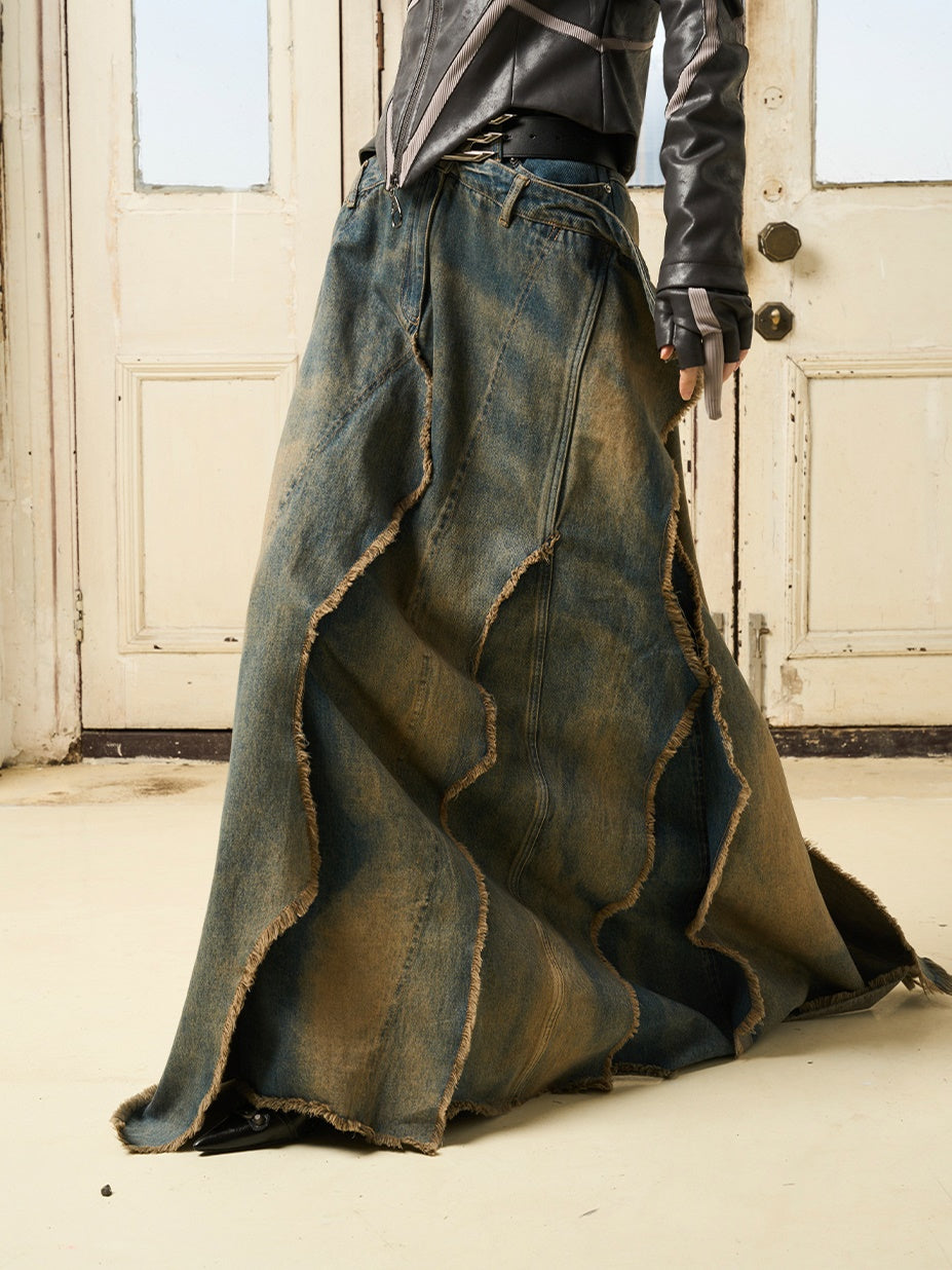 DENIM GAUDY FADED VINTAGE MAXI LONG-SKIRT