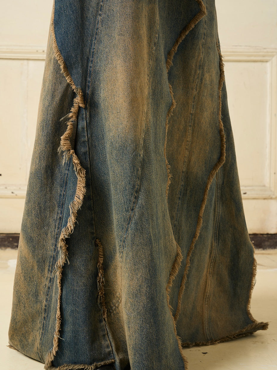 DENIM GAUDY FADED VINTAGE MAXI LONG-SKIRT