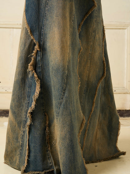 Denim Gaudy Faded Vintage Maxi Long-Skirt