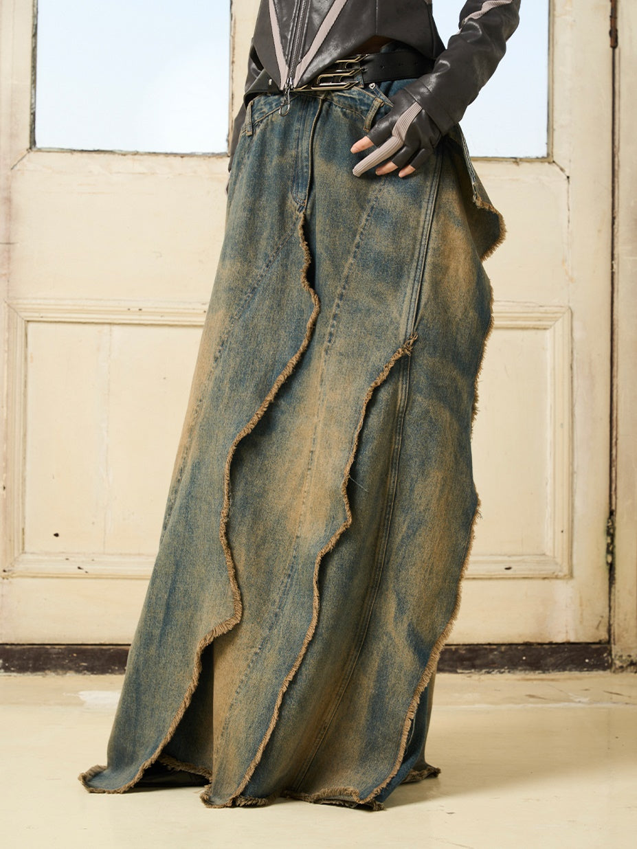 Denim Gaudy Faded Vintage Maxi Long-Skirt