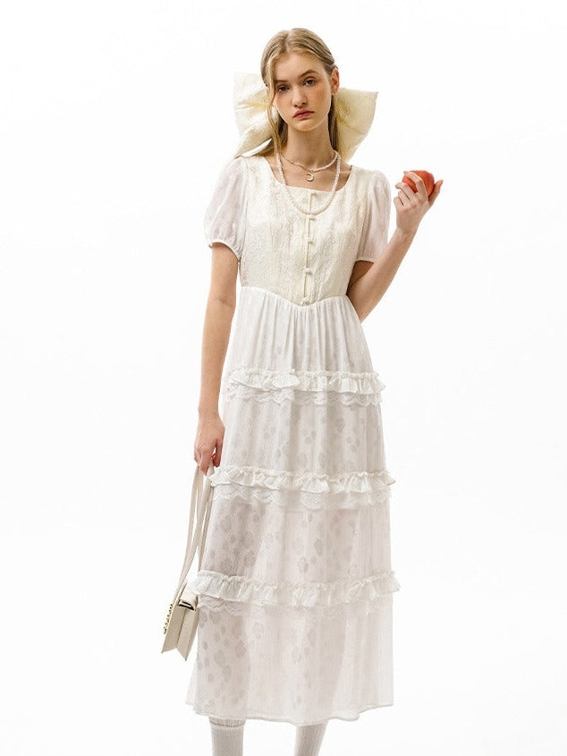 Retro Stitching Tulle Lace Dress