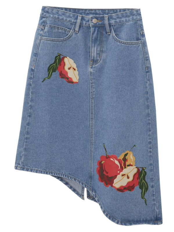 Apple Pattern Printing Irregular Denim Skirt