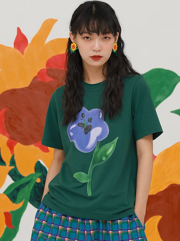 THREE-DIMENSIONAL FLOWER PRINTING T-SHIRT